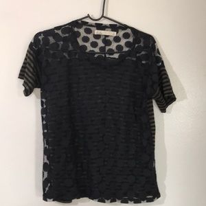 Hi-Line Black Lacy Sheer Boho Top Short Sleeve M XC